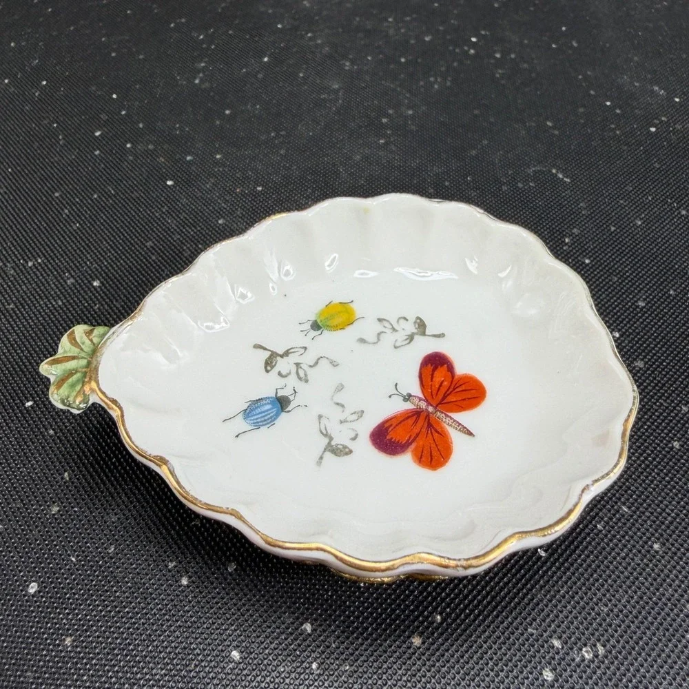 Vintage Porcelain Butterfly Beetle Trinket Dish Scalloped Brass Filigree Base‎